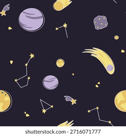 Modelo inconsútil oscuro del espacio con los planetas lindos, las constelaciones y las estrellas en estilo del Vector de la historieta