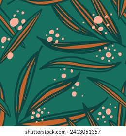 Dark Seamless Summer Modern Template Backdrop. White Repeated Classic Blossom Decor, Seamless Art. Green Endless Doodle Natural Textile Background. 