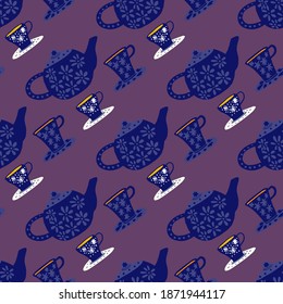 Dark seamless tea ceremony pattern. Doodle elements in navy blue color on purple background. Perfect for wallpaper, textile, wrapping paper, fabric print. Vector illustration.