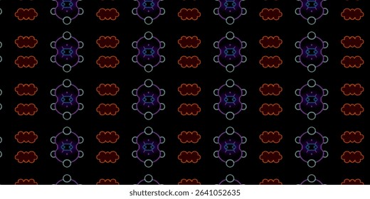 Dark seamless teddy bear and cloud neon pattern with glowing lines. Great for futuristic kids themes and digital art. Neon, pattern, glow, bear, seamless.