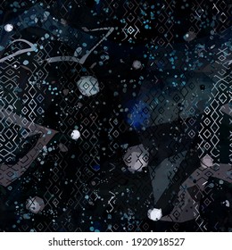 Dark seamless texture with blots and geometric line pattern. Abstract vector background for web page, banners backdrop, fabric, home decor, wrapping
