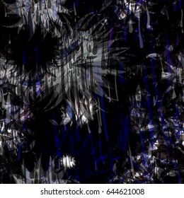 Dark seamless texture for fabric, wrapping, home decor. Black and grey chaotic spots like grunge floral pattern with stylized flowers.