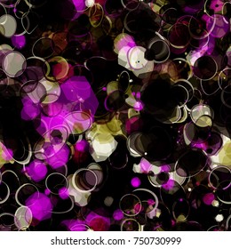 Dark seamless texture with light elements. Colored template from spots and rings.  Abstract vector background for web page, banners backdrop, fabric, home decor, wrapping