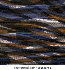 Dark seamless texture with light spots. Wavy and thin straight stripes, dots. Abstract vector background.