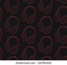 Dark seamless texture with lined headphones. Repeating background. Tile pattern. Modern ornament. 