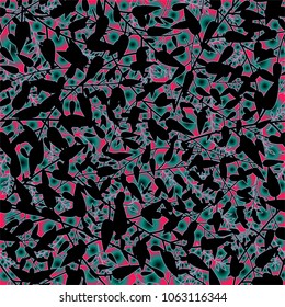 Dark seamless texture with stylized  silhouettes of branches and leaves. Can be used for wallpapers, pattern fillings, wrapping paper, surface textures, fabrics. Vector illustration.