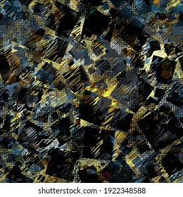 Dark seamless texture with yellow inclusion. Squares and streaks. Abstract vector background for web page, banners backdrop, fabric, home decor, wrapping