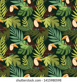 Dark seamless tropical pattern with toucan and palm leaves
