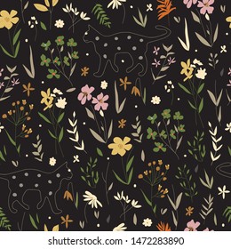 Dark seamless vector pattern with cats, leaves, and florals editable and separable