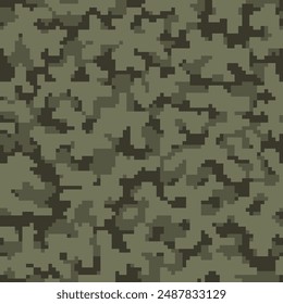 Dark Seamless War Digital Camo Pattern. Repeated Beige Graphic Vector Combat Design.  Green Repeated Monochrome Graphic Army Print. Black Pixel Military Art. 