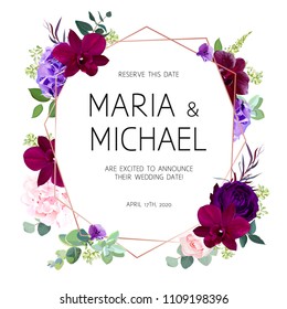 Dark seasonal flowers vector design geometric frame.Purple garden rose, burgundy red orchid, pink rose, violet hydrangea, seeded eucalyptus, greenery, succulents.All elements are isolated and editable