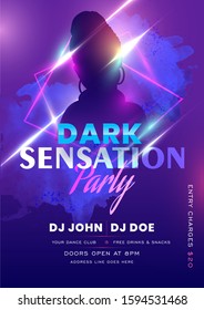 Dark Sensation Party Flyer Design with Silhouette Female and Lights Effect on Purple Watercolor Effect Background.