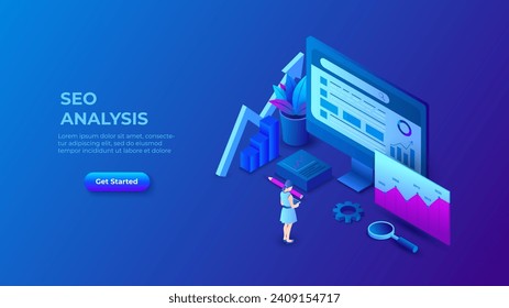 Dark SEO analysis design concept. Isometric vector illustration. Landing page template for web