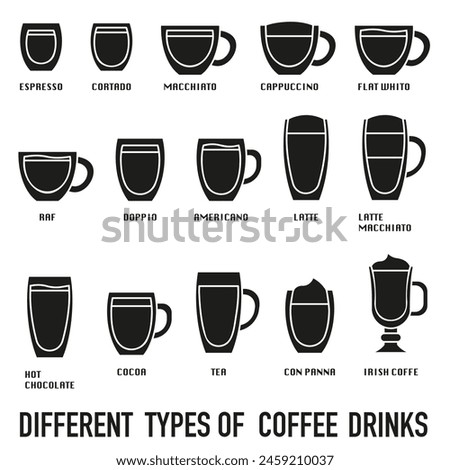 Dark set of coffee drinks with names. Various coffee drinks. A set of drinks. EPS 10.