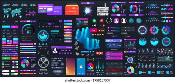 Dark set elements user interface. Universal collection for Web, UI, UX and KIT. Colorful interface, neon design. Big set UI elements - navigation, buttons, graphic bars and charts. Vector collection