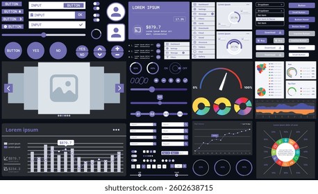 A dark set of interface elements for web and mobile applications with modern icons, buttons, and graphs, ideal for business analytics, finance, and data management.