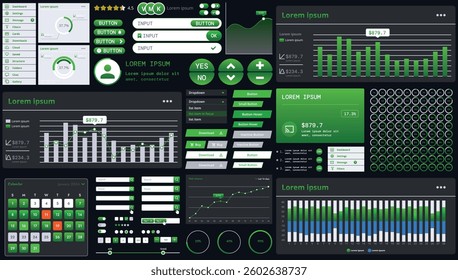 A dark set of interface elements for web and mobile applications with modern icons, buttons, and graphs, ideal for business analytics, finance, and data management.