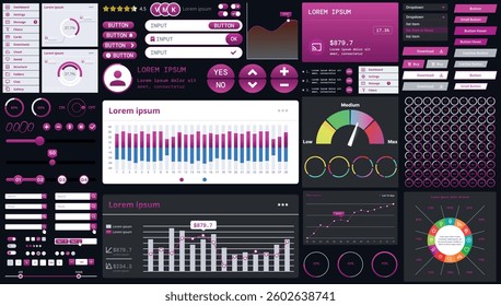 A dark set of interface elements for web and mobile applications with modern icons, buttons, and graphs, ideal for business analytics, finance, and data management.