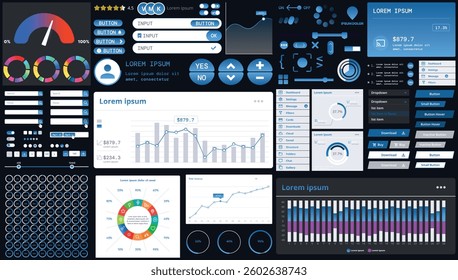 A dark set of interface elements for web and mobile applications with modern icons, buttons, and graphs, ideal for business analytics, finance, and data management.