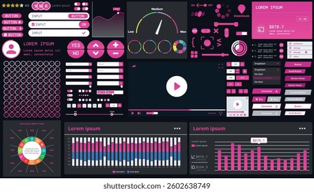A dark set of interface elements for web and mobile applications with modern icons, buttons, and graphs, ideal for business analytics, finance, and data management.