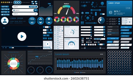 A dark set of interface elements for web and mobile applications with modern icons, buttons, and graphs, ideal for business analytics, finance, and data management.