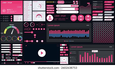 A dark set of interface elements for web and mobile applications with modern icons, buttons, and graphs, ideal for business analytics, finance, and data management.
