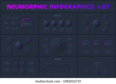 Dark set with neumorphic infographic design templates. Modern neumorphism vector illustration for presentation with 3, 4, 5 and 6 options or steps.