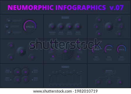 Dark set with neumorphic infographic design templates. Modern neumorphism vector illustration for presentation with 3, 4, 5 and 6 options or steps.