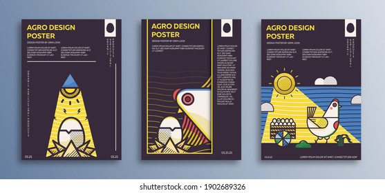 Dark set of perfect abstract posters for agriculture.Simple geometric shapes with the image of chickens.  Free Muller font used. 