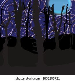 Dark shadowed of dead tree in night background filled with twilight shadow under the blue moon