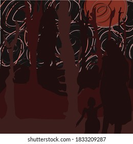 Dark shadowed of dead tree with a woman and a pair of mother and her child walking in night background filled with twilight shadow under the red moon for Halloween theme