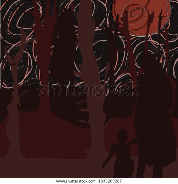 Dark shadowed of dead\
tree with a woman and a pair of mother and her child walking in\
night background filled with twilight shadow under the red moon for\
Halloween theme