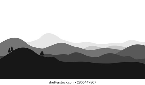Dark shapes of mountains and trees