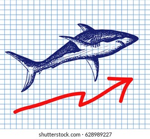 Dark shark on copybook background. Free hand drawn. Vector illustration. 