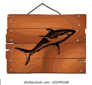 Dark shark on wooden plank background. Free hand drawn. Vector illustration. 