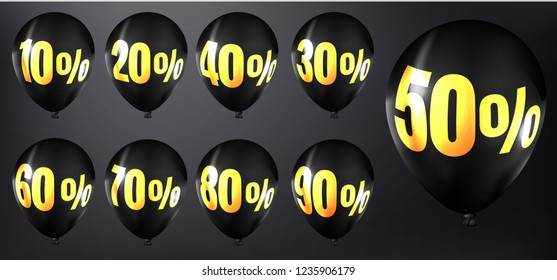 Dark shiny balloons with golden numbers
and percentage on a gray background. Discounts for retail, buying, selling or promoting offer. Set of 10% 20% 30% 40% 50% 60% 70% 80% 90% Vector banner