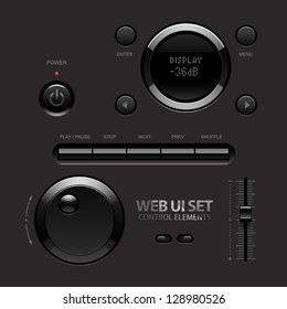 Dark Shiny Web UI Elements. Buttons, Switches, bars, power buttons, sliders. Part two. Vector illustration