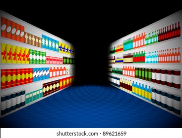 Dark shop interior with shelves