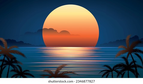 Dark shore midnight sea night nature seascape. Moon background palm beach exotic island holiday reflections space ocean palm shine coastline moonlight water vector picture