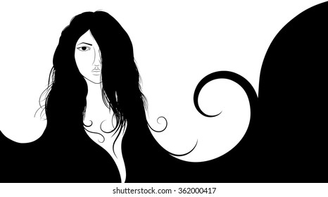 Dark side of the woman, Esoteric portrait of the woman. Black silhouette of a woman on white background.