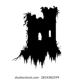 Dark silhouette of an abandoned castle tower covered in overgrown vegetation, evoking mystery and decay in a haunting scene.