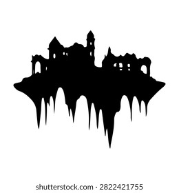 Dark silhouette of an ancient haunted castle with towers and battlements on a floating island, creating a mysterious and eerie atmosphere.