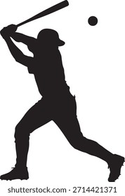Una silueta oscura de un jugador de béisbol en medio del columpio, golpeando una pelota de béisbol.