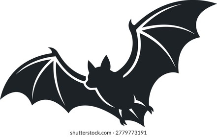 A dark silhouette of a bat in mid-flight, its leathery wings fully extended, showcasing its nocturnal nature.