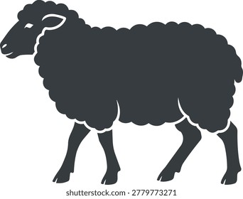 A dark silhouette of a black sheep is depicted walking, with a subtle white outline highlighting its form.