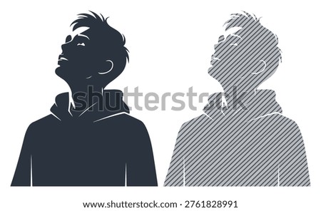 Dark silhouette of boy looking up, shaded outline, looking up concept.