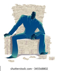 Dark silhouette of a businessman in a suit sitting on a lot of money in the form of a throne, a symbol of the global economic crisis and the development of business, vector