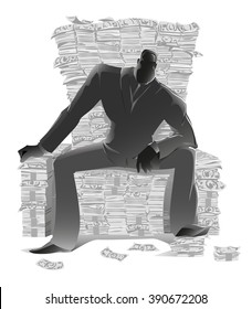 Dark silhouette, businessman in a suit sitting on a lot of money in the form of a throne, a symbol of the global economic crisis, currency growth and the development of business, vector black, white