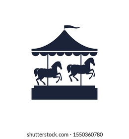 Dark silhouette of carousel with horses. An old children's attraction. Vintage merry-go-round on white background. Vector illustration. 