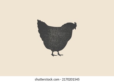 Dark silhouette of chicken with stamp effect on light background. Vintage emblem for meat products and farms. Can be used for butcher shop, market, menu design, packaging, labels. Vector illustration.